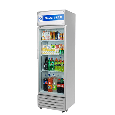 Commercial display refrigerator with a large glass door, Blue Star. Commercial display refrigerator with a large glass door, Blue Star.