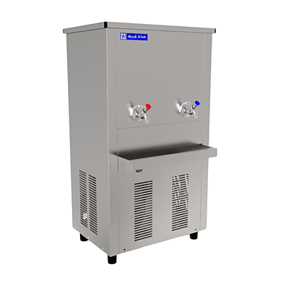 "A person filling their glass with chilled water from a Blue Star CW 4080 water cooler." "A person filling their glass with chilled water from a Blue Star CW 4080 water cooler."