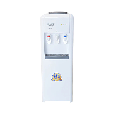 Front look of Atlantis Frosty Plus water dispenser with three taps for hot, cold, and normal water.