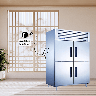 Stainless steel Blue Star 4 Door Reach-In Chiller with chefs accessing frozen ingredients. Stainless steel Blue Star 4 Door Reach-In Chiller with chefs accessing frozen ingredients.