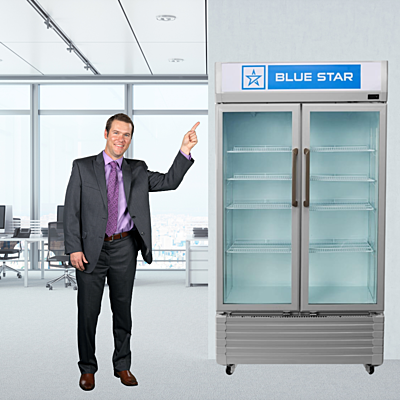 Customers browsing products in a Blue Star VC590D Visi Cooler. Customers browsing products in a Blue Star VC590D Visi Cooler.