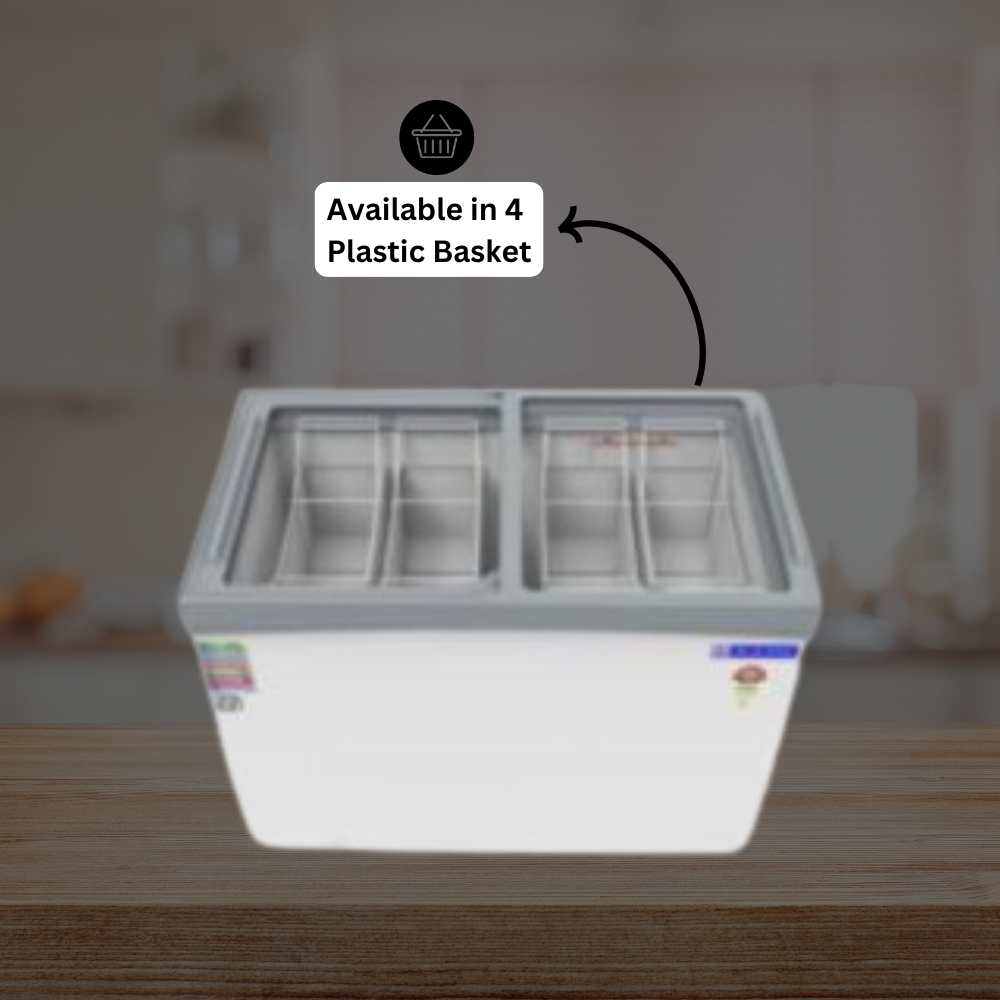 Blue Star 350 Litre Deep Freezer with Glass Top Open, Displaying Frozen Food Blue Star 350 Litre Deep Freezer with Glass Top Open, Displaying Frozen Food