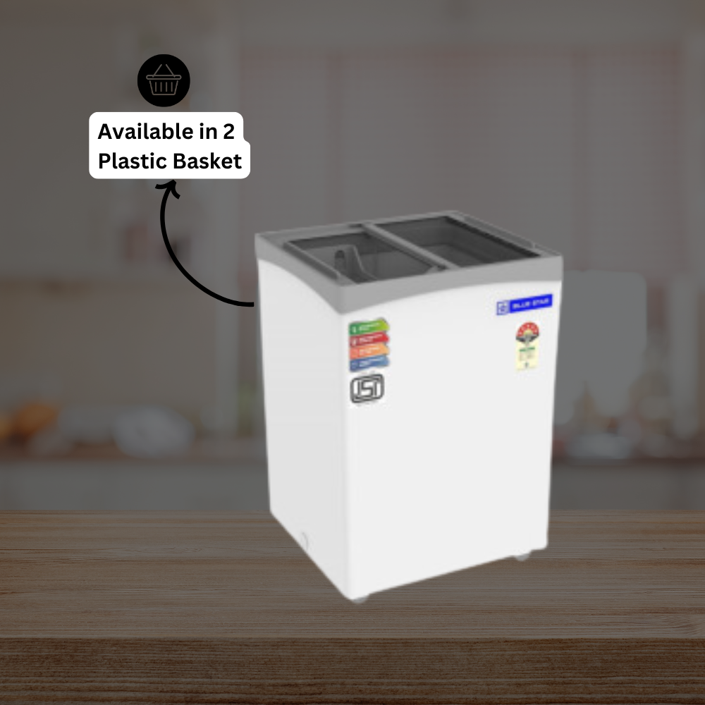 Blue Star 130 Litre Deep Freezer with Glass Top Open, Displaying Frozen Food Blue Star 130 Litre Deep Freezer with Glass Top Open, Displaying Frozen Food