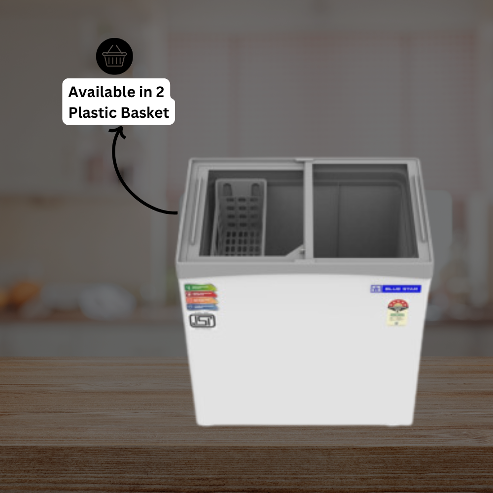 Blue Star 180 Litre Deep Freezer with Glass Top Open, Displaying Frozen Food Blue Star 180 Litre Deep Freezer with Glass Top Open, Displaying Frozen Food