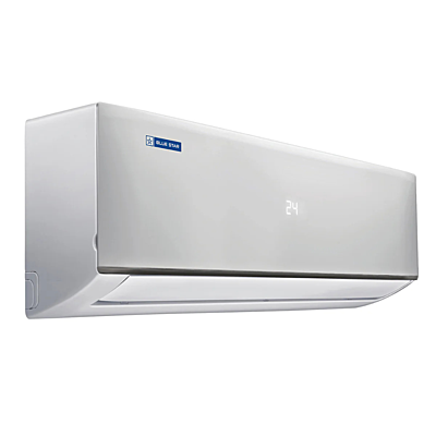 Close-up of the Blue Star Fixed Speed Split AC, showing its sleek design and display panel. Close-up of the Blue Star Fixed Speed Split AC, showing its sleek design and display panel.