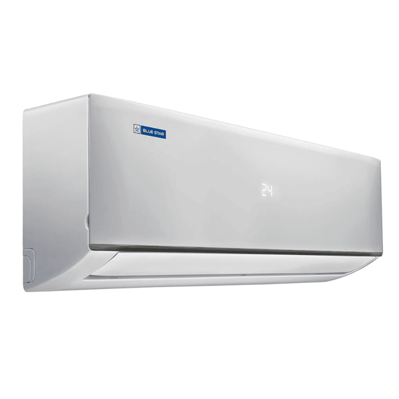 Close-up of the Blue Star Fixed Speed Split AC, showing its sleek design and display panel. Close-up of the Blue Star Fixed Speed Split AC, showing its sleek design and display panel.