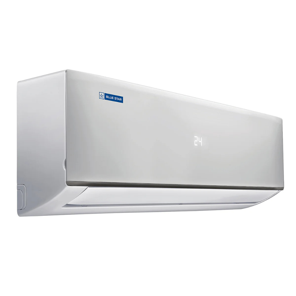 Close-up of the Blue Star Fixed Speed Split AC, showing its sleek design and display panel. Close-up of the Blue Star Fixed Speed Split AC, showing its sleek design and display panel.