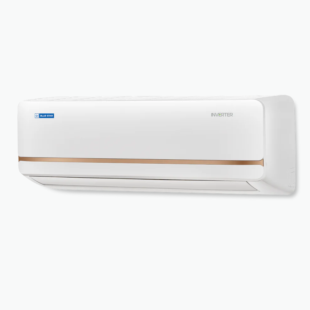 Close-up of the Blue Star Inverter Split AC indoor unit, showcasing its modern design and display.