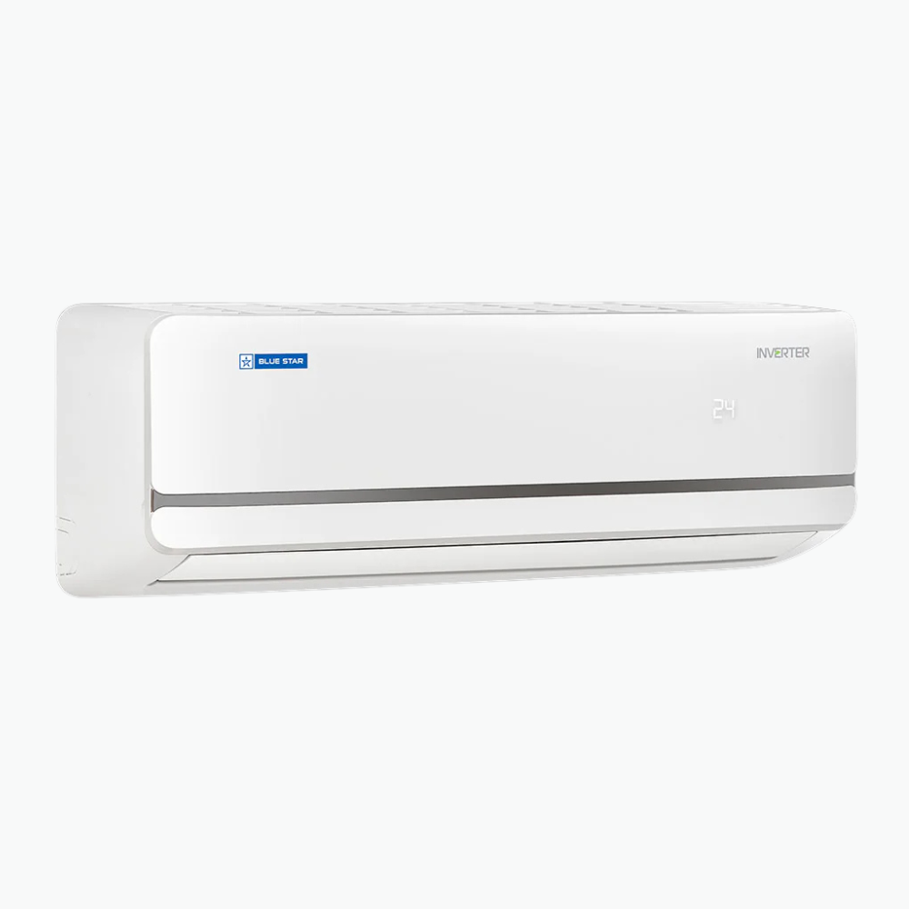 Close-up of the Blue Star Inverter Split AC indoor unit, showcasing its modern design and display. Close-up of the Blue Star Inverter Split AC indoor unit, showcasing its modern design and display.