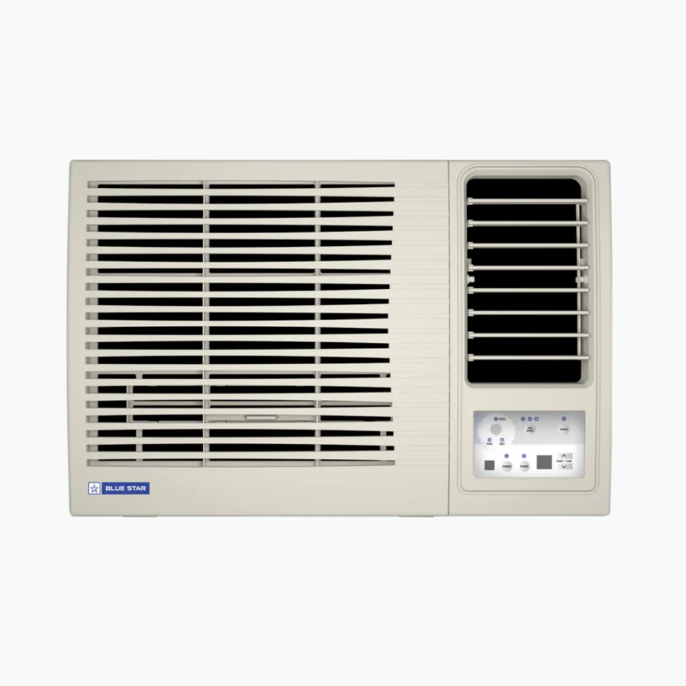 Blue Star Fixed Speed Window AC - WFD309L 0.8 Ton 3 Star installed in a bedroom window.