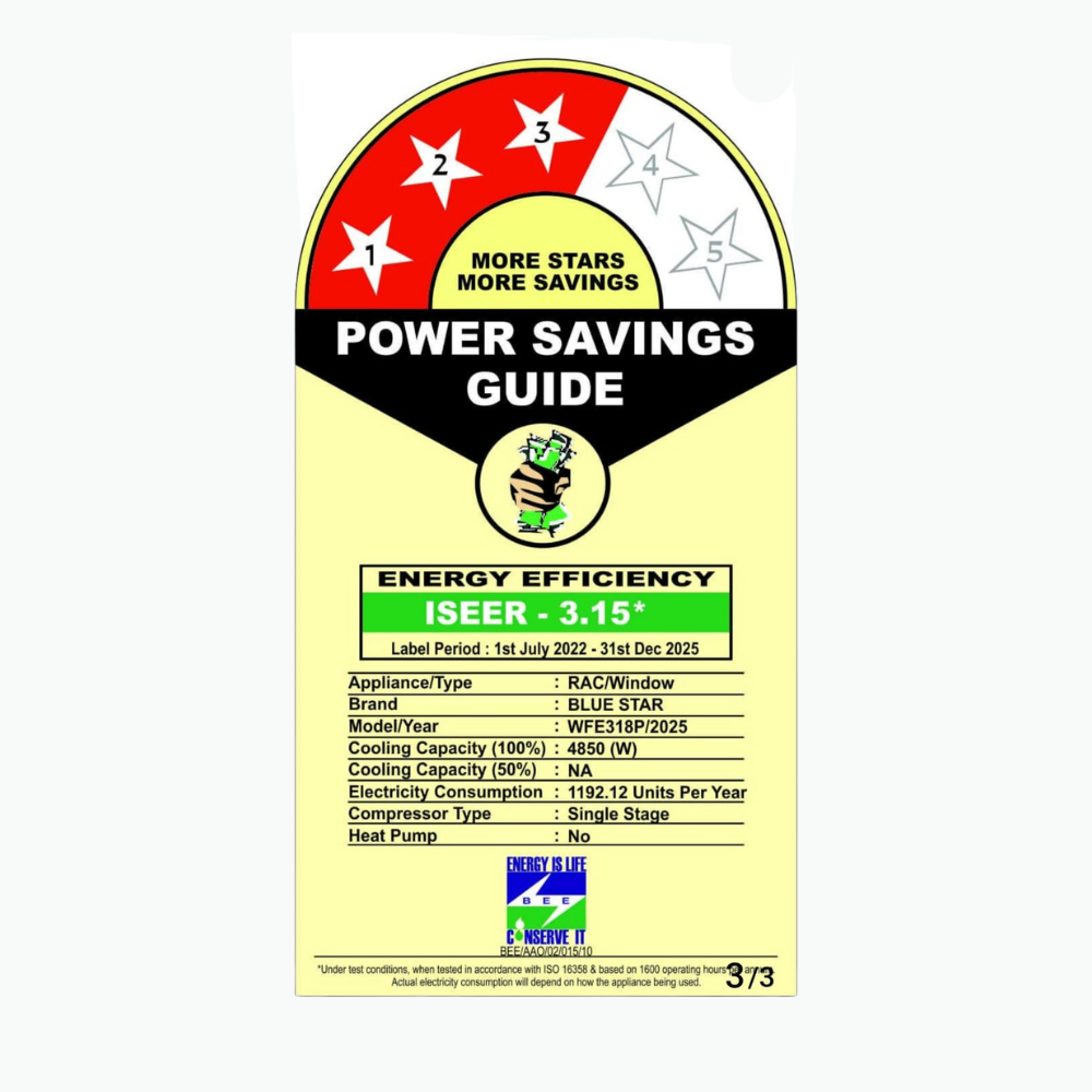 Energy-efficient cooling with Blue Star Fixed Speed Window AC-WFE318P 1.5 Ton 3 Star Energy-efficient cooling with Blue Star Fixed Speed Window AC-WFE318P 1.5 Ton 3 Star