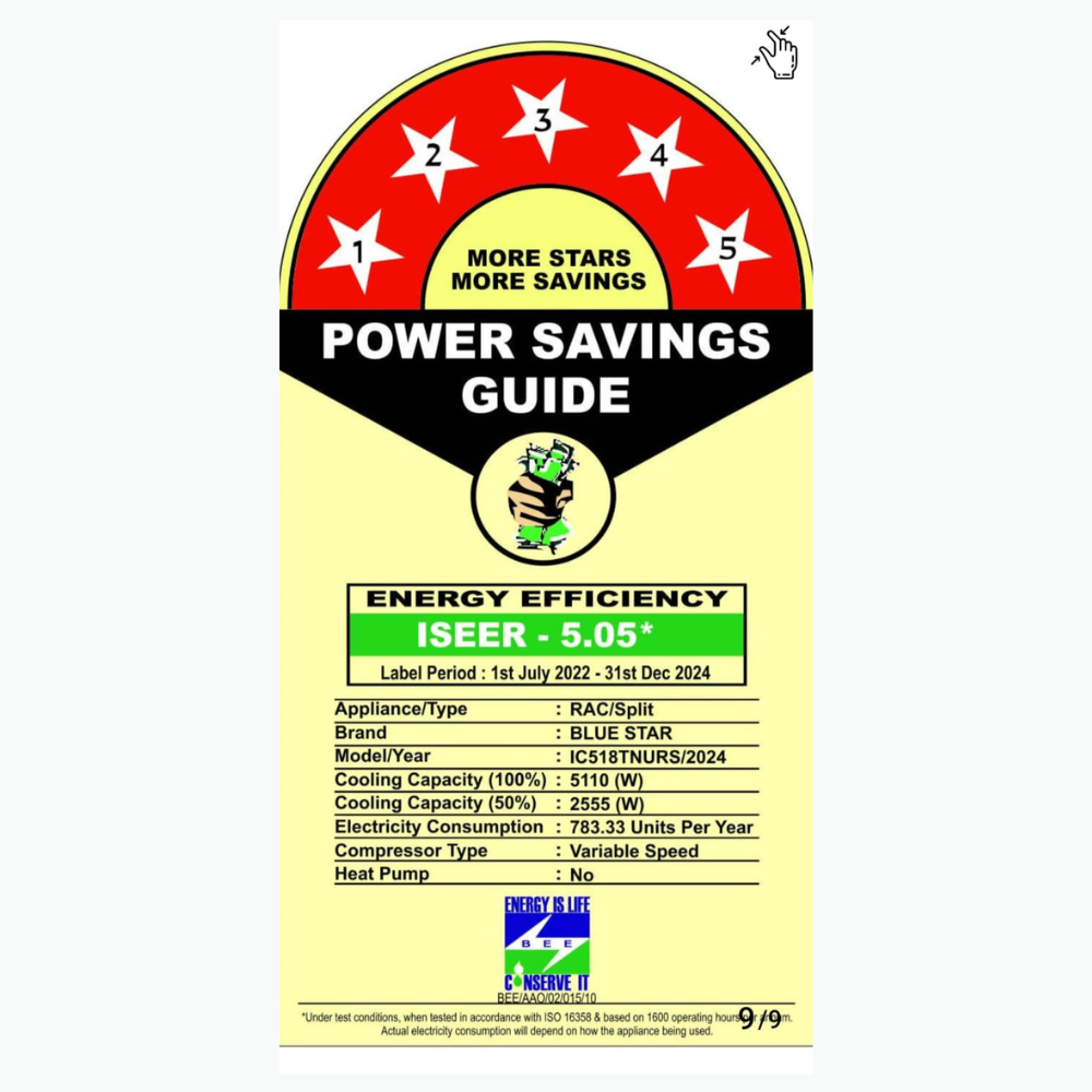 Blue Star IC518NNURS AC with inverter technology and 5-star energy rating. Blue Star IC518NNURS AC with inverter technology and 5-star energy rating.