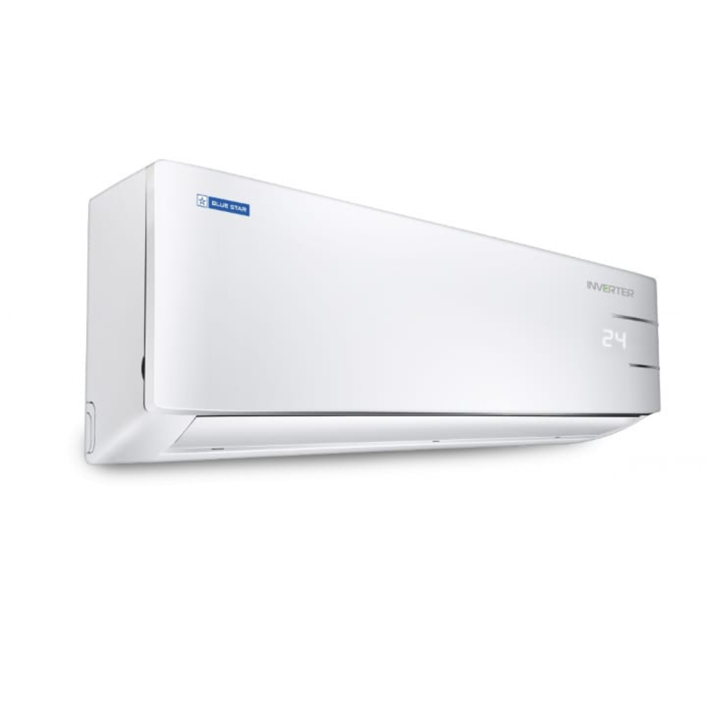 Close-up of the Blue Star Inverter Split AC indoor unit, showcasing its modern design and display. Close-up of the Blue Star Inverter Split AC indoor unit, showcasing its modern design and display.