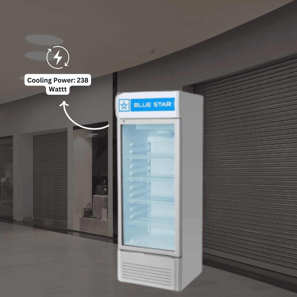 Upright glass door fridge for retail display, Blue Star. Upright glass door fridge for retail display, Blue Star.