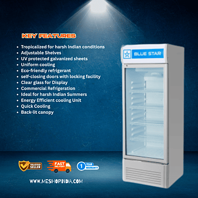 Glass door refrigerator displaying drinks, Blue Star. Glass door refrigerator displaying drinks, Blue Star.