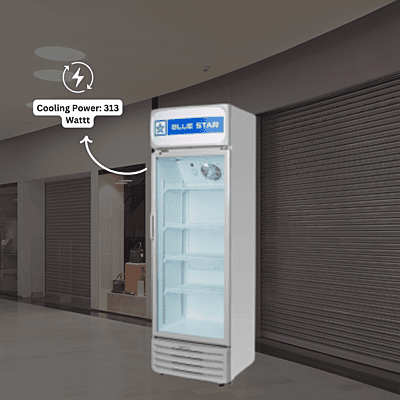 Glass door refrigerator showcasing drinks, Blue Star 385L. Glass door refrigerator showcasing drinks, Blue Star 385L.