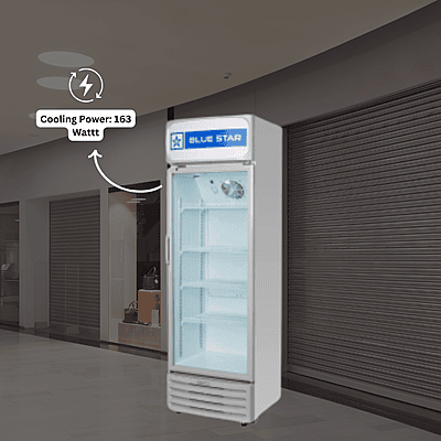 Glass door refrigerator displaying drinks, Blue Star. Glass door refrigerator displaying drinks, Blue Star.