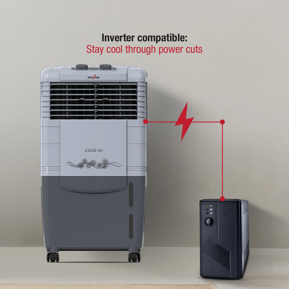 Portable grey air cooler by Kenstar, model Little Honey Comb, with visible air vents. Portable grey air cooler by Kenstar, model Little Honey Comb, with visible air vents.