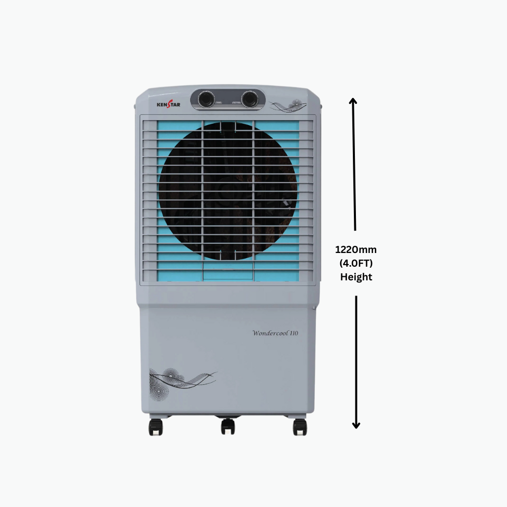 Large 110-liter KenStar Wonder Cool air cooler with honeycomb pads. Large 110-liter KenStar Wonder Cool air cooler with honeycomb pads.