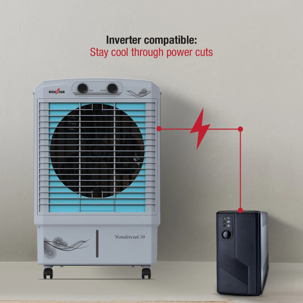 Energy-efficient KenStar Wonder Cool 70L air cooler. Energy-efficient KenStar Wonder Cool 70L air cooler.