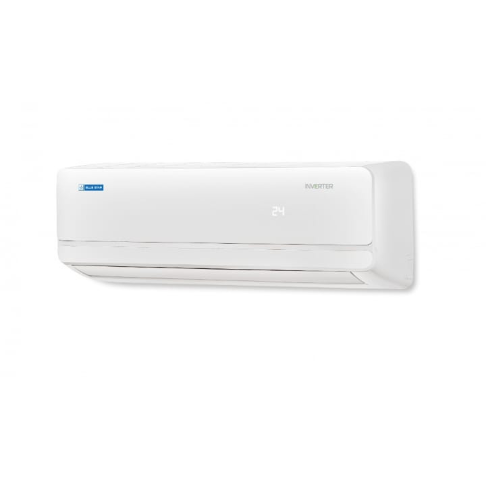 Close-up of the Blue Star Inverter Split AC indoor unit, showcasing its modern design and display. Close-up of the Blue Star Inverter Split AC indoor unit, showcasing its modern design and display.