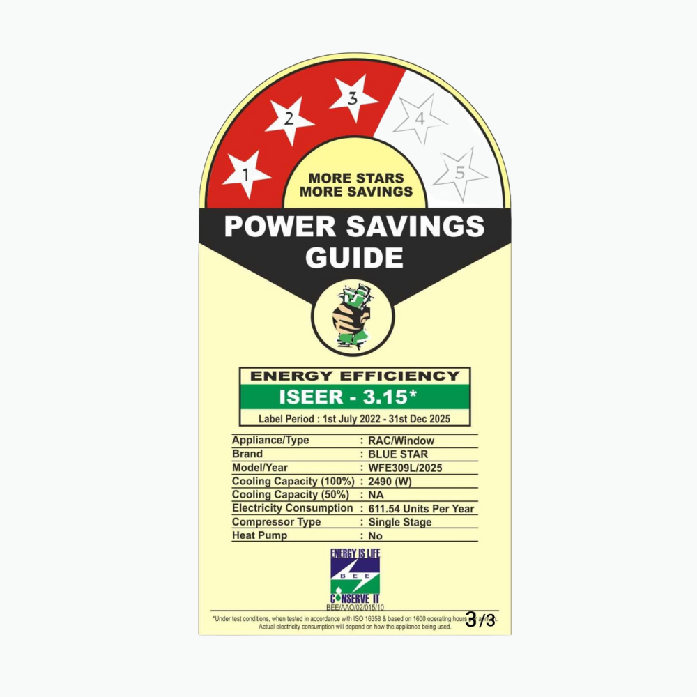 Energy Efficient with Blue Star Fixed Speed Window AC-WFE309L 0.8 Ton 3 Star Energy Efficient with Blue Star Fixed Speed Window AC-WFE309L 0.8 Ton 3 Star