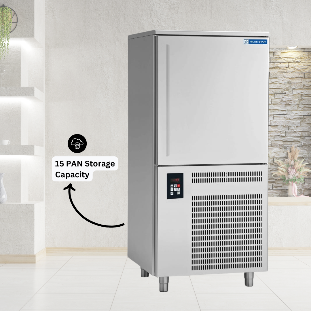 Spacious interior of a Blue Star BF15G Blast Freezer with multiple trays. Spacious interior of a Blue Star BF15G Blast Freezer with multiple trays.