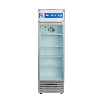 Commercial beverage refrigerator with glass door, Blue Star. Commercial beverage refrigerator with glass door, Blue Star.