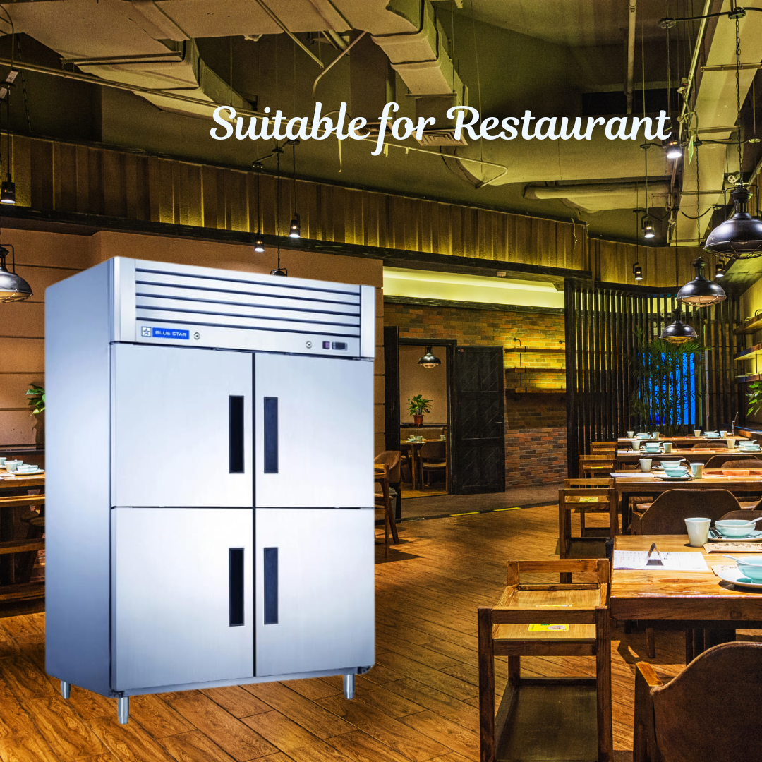 Blue Star 4 Door Reach-In Chiller-GP Series in a bustling restaurant kitchen. Blue Star 4 Door Reach-In Chiller-GP Series in a bustling restaurant kitchen.