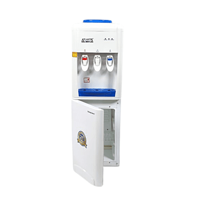 Floor-standing water dispenser with a child safety lock on the hot water tap. Floor-standing water dispenser with a child safety lock on the hot water tap.