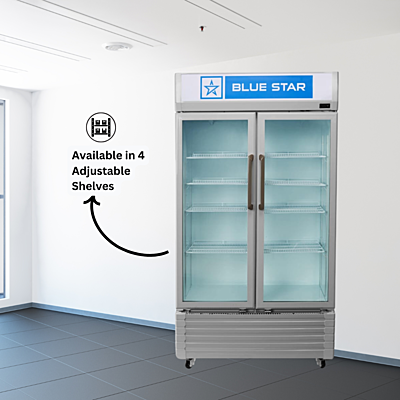 Close-up of adjustable shelves in a Blue Star VC590D Visi Cooler. Close-up of adjustable shelves in a Blue Star VC590D Visi Cooler.