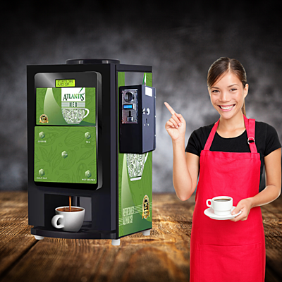 Atlantis Neo vending machine in an office break room, providing employees with coffee and tea. Atlantis Neo vending machine in an office break room, providing employees with coffee and tea.