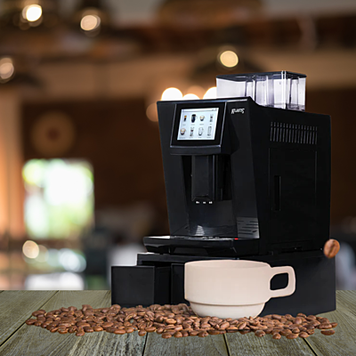 The Atlantis Brew coffee machine with a carafe of milk attached for making lattes and cappuccinos. The Atlantis Brew coffee machine with a carafe of milk attached for making lattes and cappuccinos.