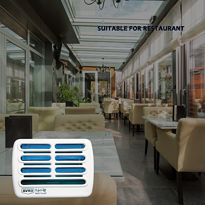 The Avro Web-3 discreetly eliminates flying insects in a restaurant dining area. The Avro Web-3 discreetly eliminates flying insects in a restaurant dining area.