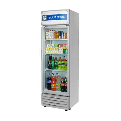 Commercial display refrigerator with a large glass door, Blue Star. Commercial display refrigerator with a large glass door, Blue Star.