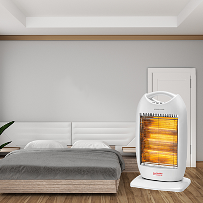 Stylish Padmini Volcano 1200 Halogen Heater warming up a cozy bedroom.