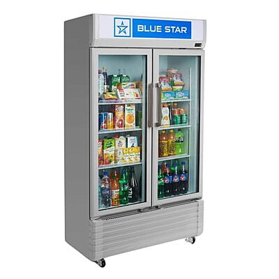 Side view of a Blue Star VC590D Visi Cooler filled with beverages. Side view of a Blue Star VC590D Visi Cooler filled with beverages.