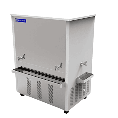 Close-up of a sleek Blue Star SDLX 200400B water cooler with a shiny stainless steel 304 body. Close-up of a sleek Blue Star SDLX 200400B water cooler with a shiny stainless steel 304 body.