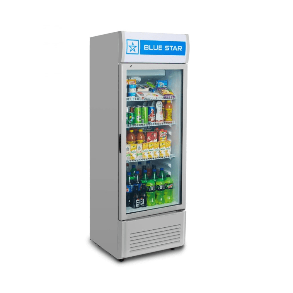 Commercial beverage refrigerator with glass door, Blue Star. Commercial beverage refrigerator with glass door, Blue Star.