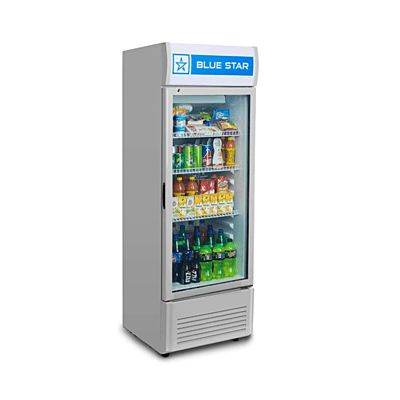 Commercial beverage refrigerator with glass door, Blue Star. Commercial beverage refrigerator with glass door, Blue Star.