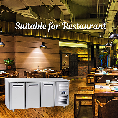 Stainless steel Blue Star 3 Door Under Counter Chiller with illuminated interior.