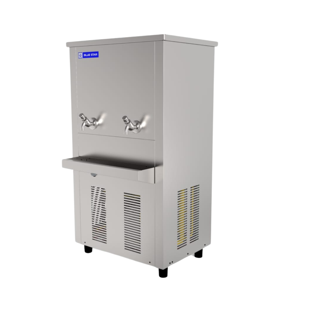 Blue Star SDLX 80120C water cooler with a person filling a glass. Blue Star SDLX 80120C water cooler with a person filling a glass.