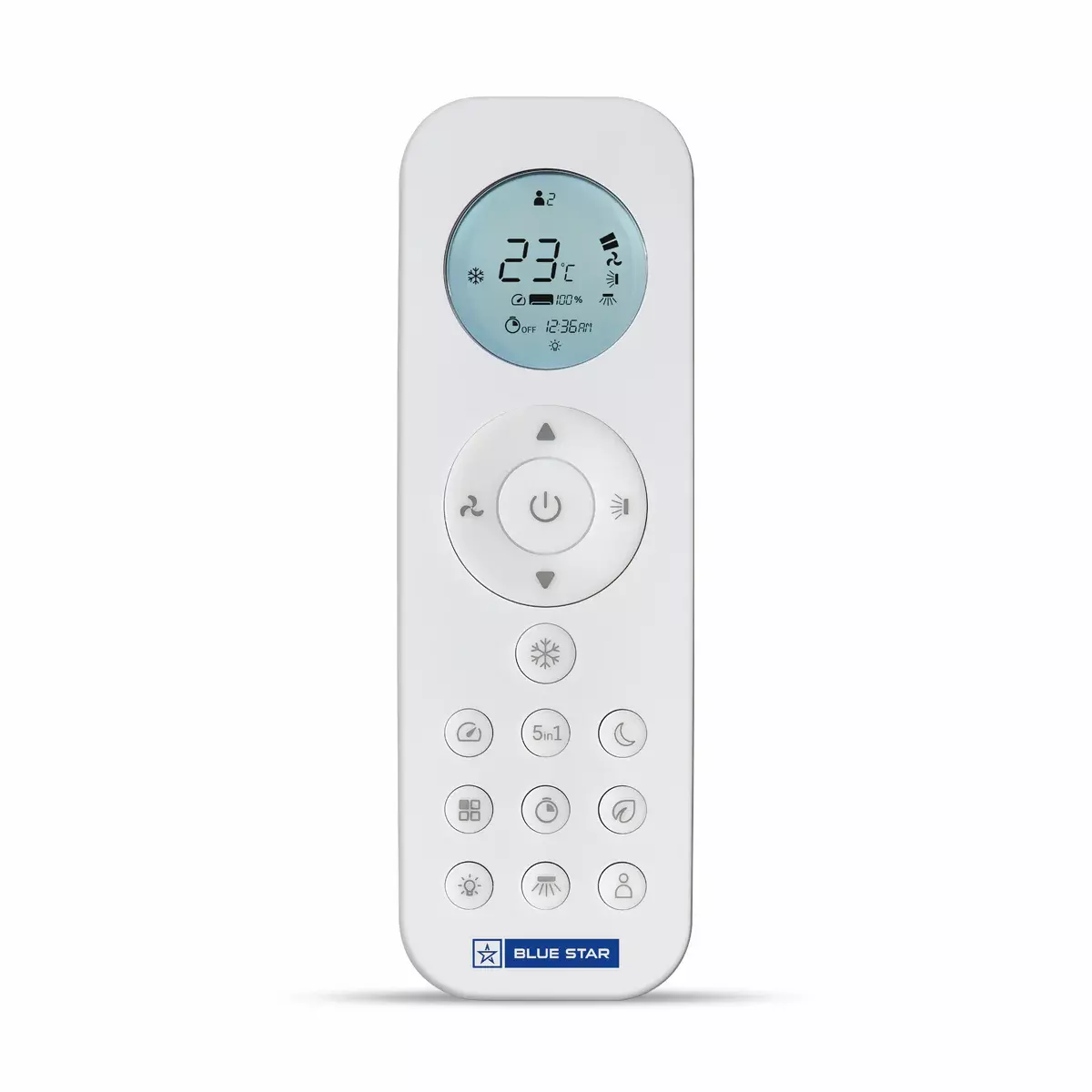 Remote control for the Blue Star IC518TNURS 1.5-ton inverter AC. Remote control for the Blue Star IC518TNURS 1.5-ton inverter AC.
