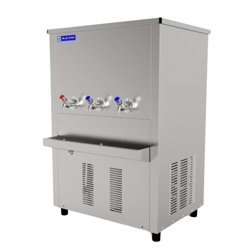 Energy-efficient Blue Star CW150150-3t water cooler with a stainless steel tank. Energy-efficient Blue Star CW150150-3t water cooler with a stainless steel tank.