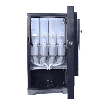 Vending machine with four prominent beverage selection buttons. Vending machine with four prominent beverage selection buttons.