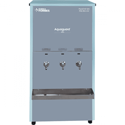 Front view of Aquaguard Pro Pure Chill 120 PSS RO+UV Commercial Water Cooler Stainless Steel body Front view of Aquaguard Pro Pure Chill 120 PSS RO+UV Commercial Water Cooler Stainless Steel body