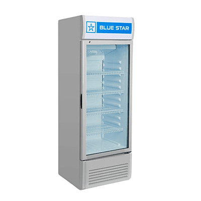 Commercial beverage refrigerator with glass door, Blue Star. Commercial beverage refrigerator with glass door, Blue Star.