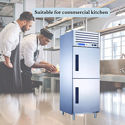 Chef retrieving frozen ingredients from a Blue Star 2 Door Reach-In Freezer. Chef retrieving frozen ingredients from a Blue Star 2 Door Reach-In Freezer.