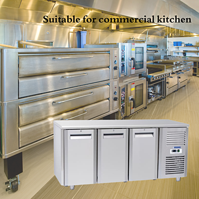 Blue Star 3 Door Under Counter Chiller in a modern commercial kitchen.