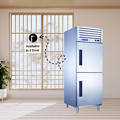 Close-up of the ergonomic door handle on a Blue Star 2 Door Reach-In Freezer.